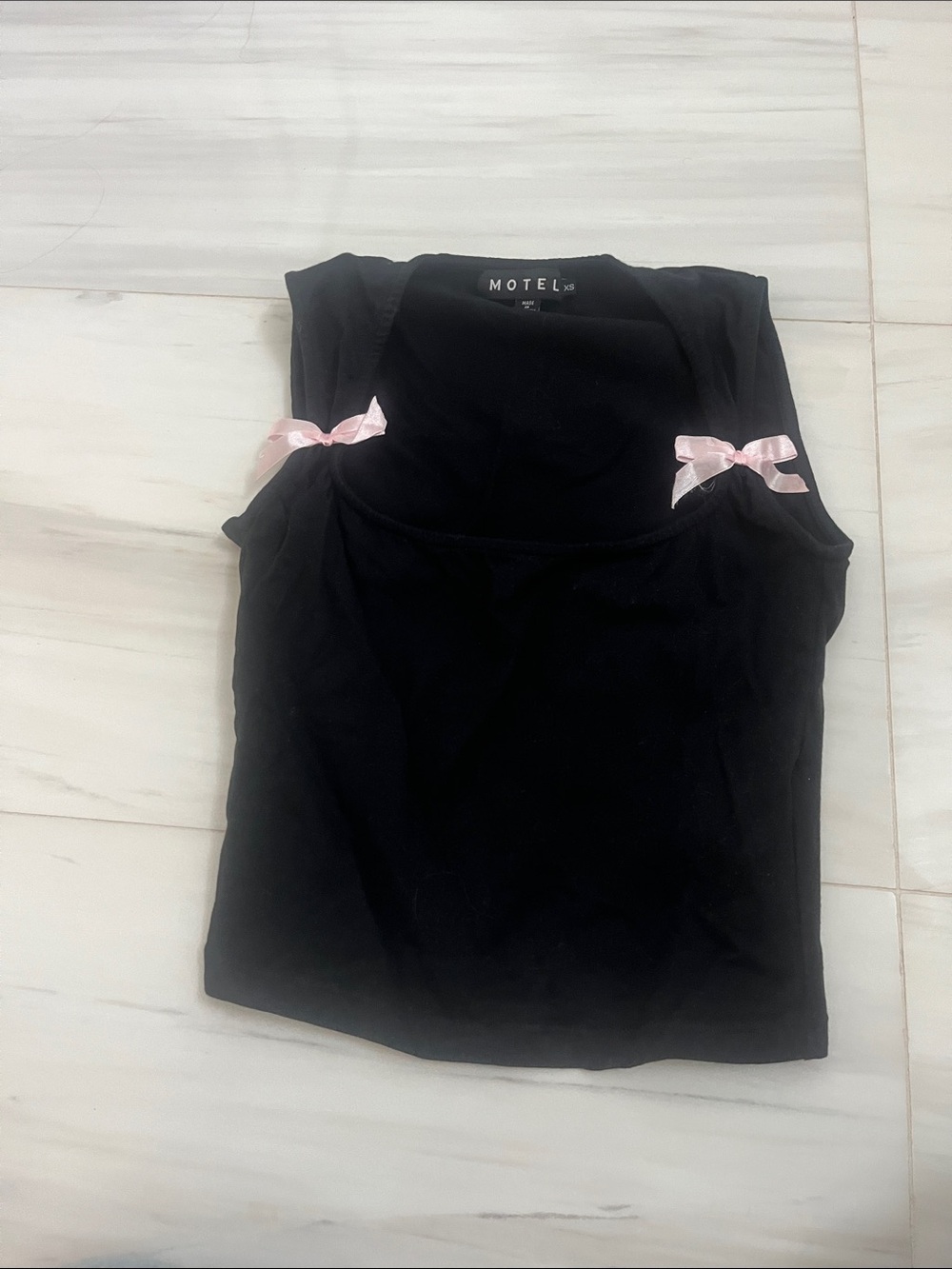 Motel Rocks Black Tank with Pink Bow Shoulder Detailu